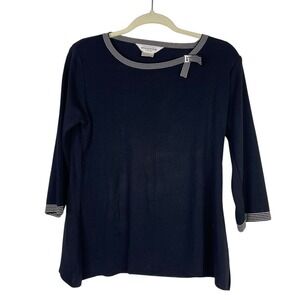 Exclusively Misook Womens Acrylic Blouse Top Striped Bow Black‎ Size M Petite